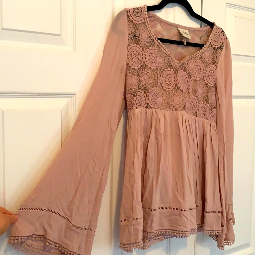 Blush pink bell sleeve lace shirt